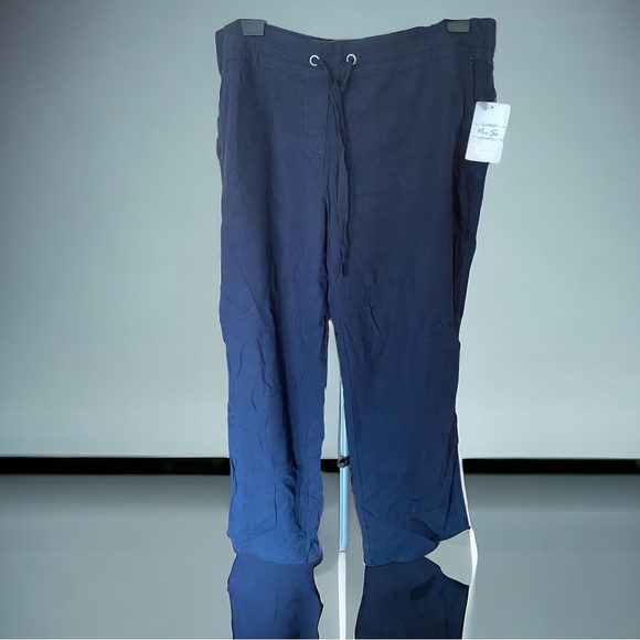 🍀NWT Women’s Solid Pull On Drawstring Soft Linen Pants Navy Blue - Picture 3 of 5
